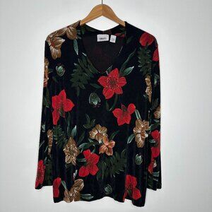Chicos Travelers Floral Tunic Top Size L Black Vintage
